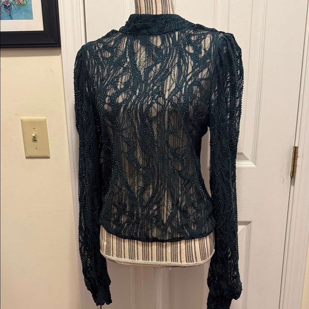 Redo by Buckle Sheer Lace Beaded High Neck Blouse medium.